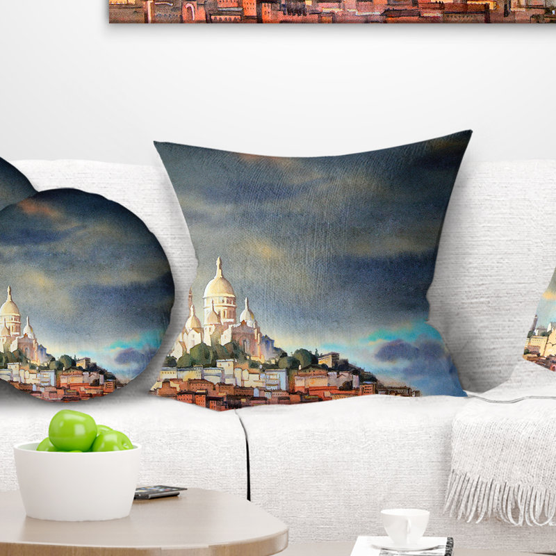 Coussin d’horizon montmartre painting aquarelle, 18 po x 18 po, Coussin décoratif