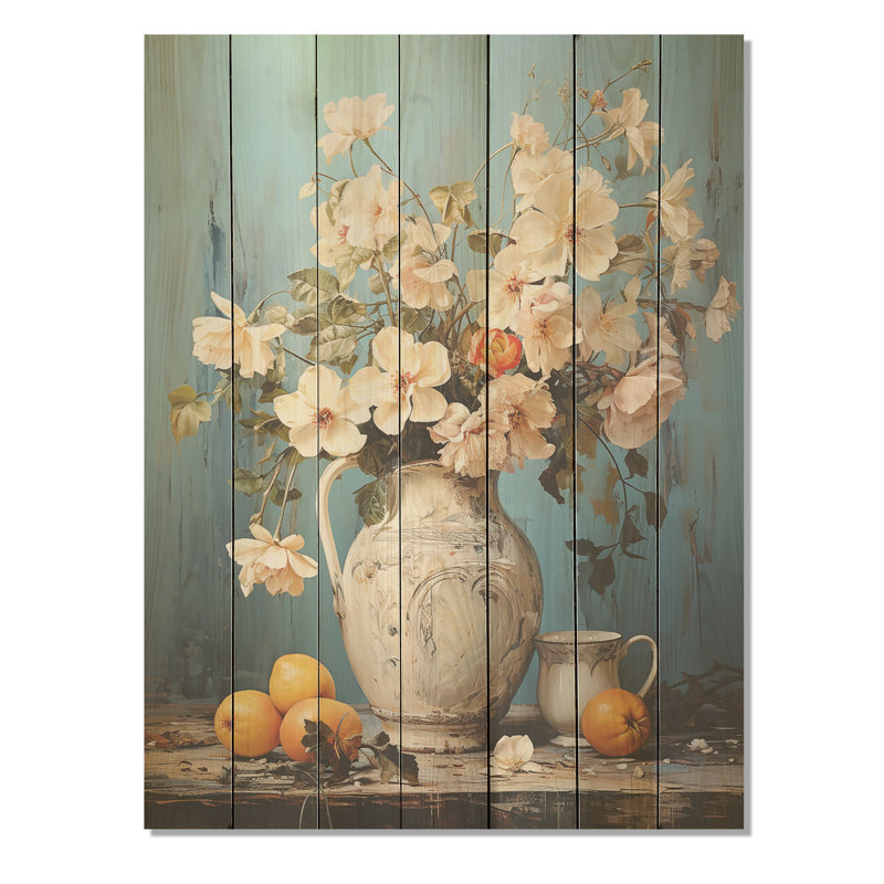 Poterie rococo raffinée à motif floral blanc - poterie bohème sur bois, H 44 po x l 34 po