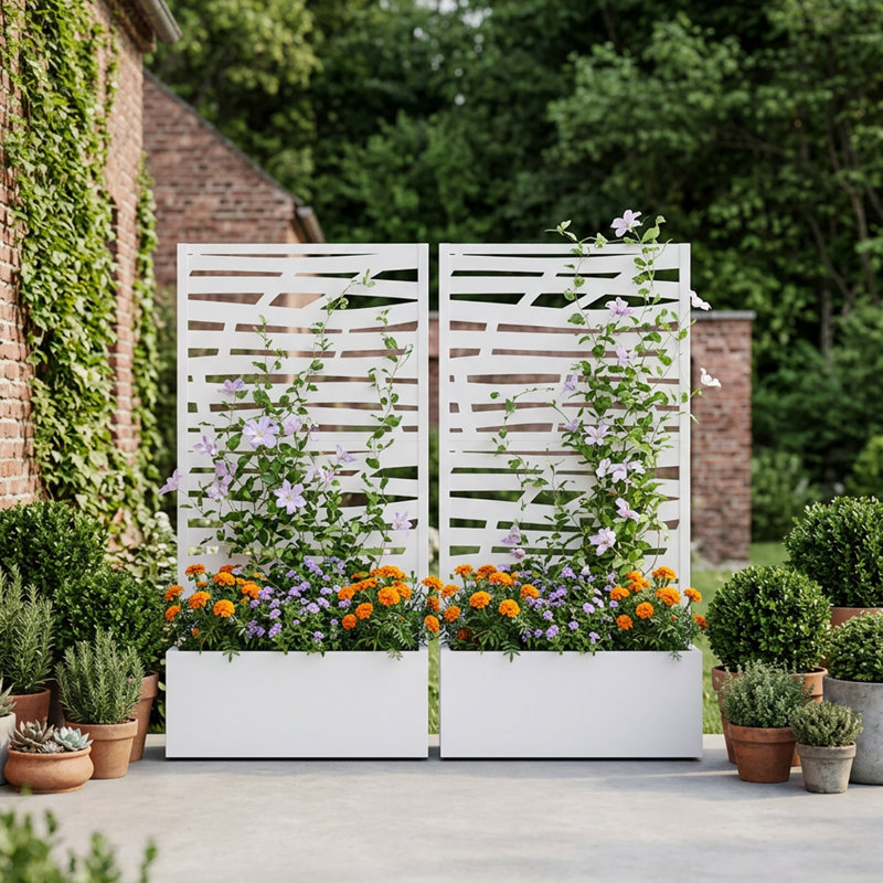 Boîte à fleurs en métal avec treillis, H 59 po x l 30 po x P 12 po, Blanc