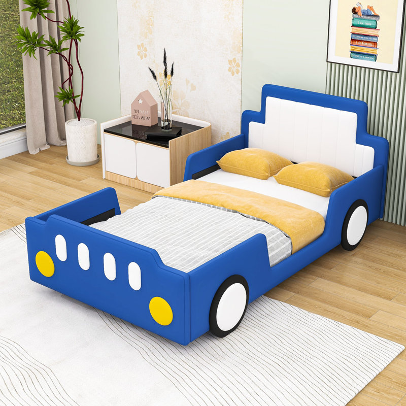 Lit plateforme simple en forme de voiture de course avec roues et lattes, Bleu