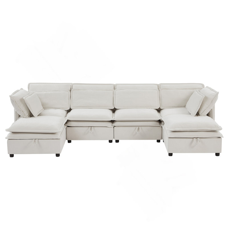 Double-Layer Cushion Modern Large U-Shaped Modular Sofa, Freely Combinable 6-Seater with Storage Function, Beige Polyester