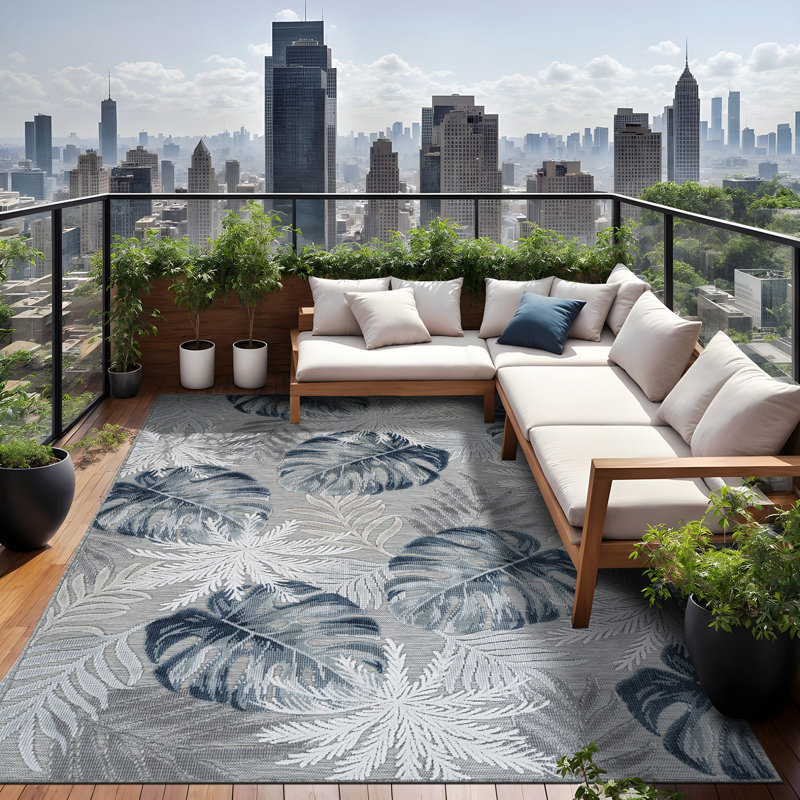 Tapis floral d'intérieur pour l'extérieur, Blue, Rectangle 8' x 10'