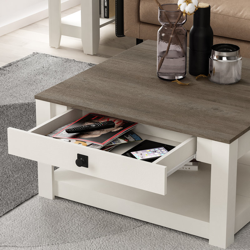 Allyannah Coffee Table with Drawer, Ivory/Knotty Gray Oak
