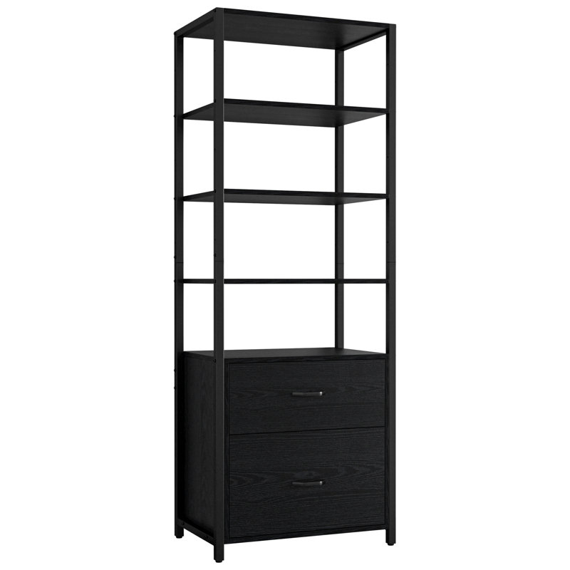 Jayger Industrial Bookcase with File Cabinet Drawers, Black, (4 Shelves) 72" H x 24" W x 16" D