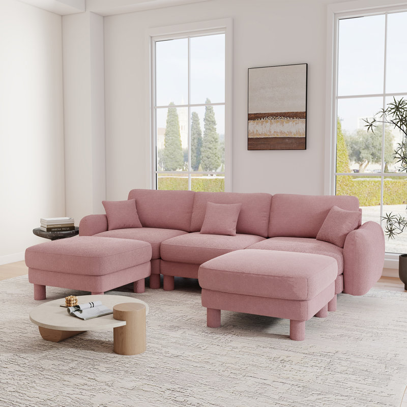 Canapé modulaire en U, canapé convertible 3 places avec 2 repose-pieds, Bouclé rose