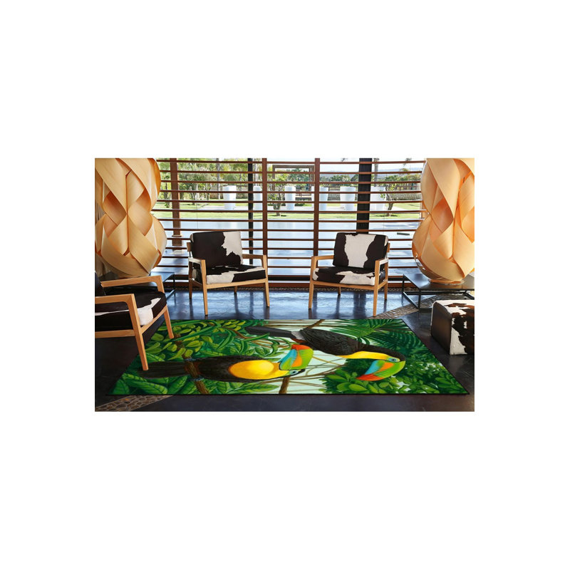 Tapis lavable mignon à motif d'oiseaux et d'arbres, Sous-tapis carré 3 pi 3 po inclus