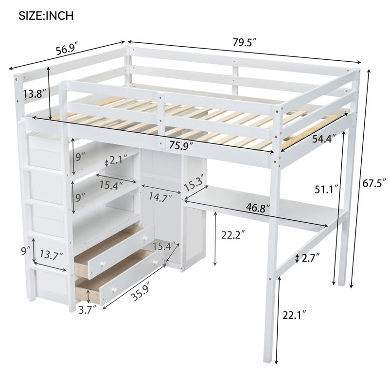Lit mezzanine double en bois avec garde-robe intégrée, bureau, tablettes de rangement et tiroirs