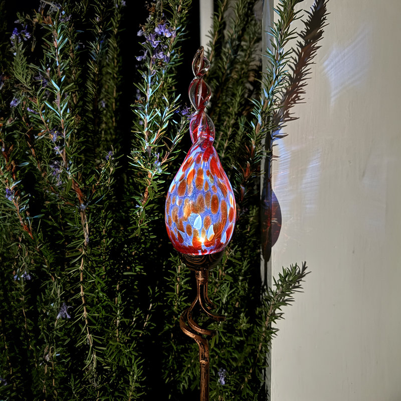 Exhart Solar Pearlized Hand Blown Glass Twisted Flame Garden Stake with Metal Finial Detail, 36 Inch