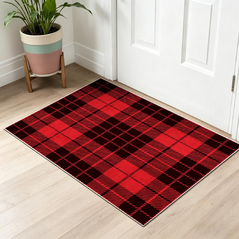 Tapis d'intérieur décoratif à carreaux tartan noir lavable à la machine, Rectangle 32 po x 47 po
