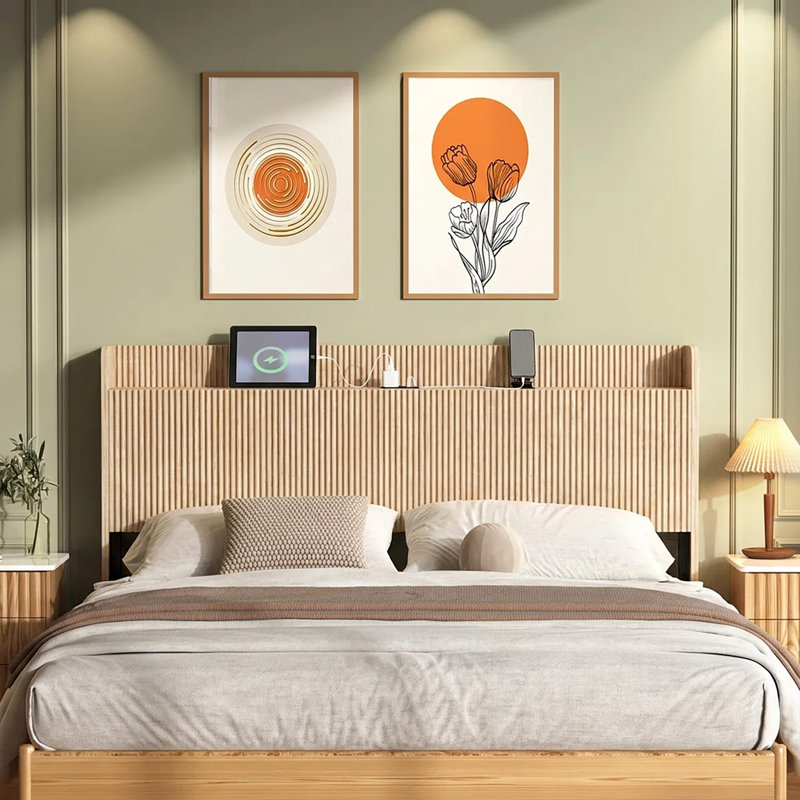 Fluted Headboard with Charging Storage Compartment