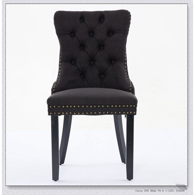 Modern High-end Tufted Solid Wood Flax Upholstered Dining Chair Set, Black Fabric and Legs, Elegant and Comfortable