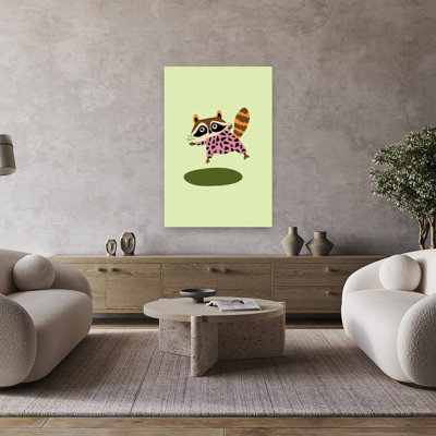 Playful Raccoon Jump Abstract Contemporary Forest Landscape Wall Art Print by Mathieu - Wrapped Canvas Print