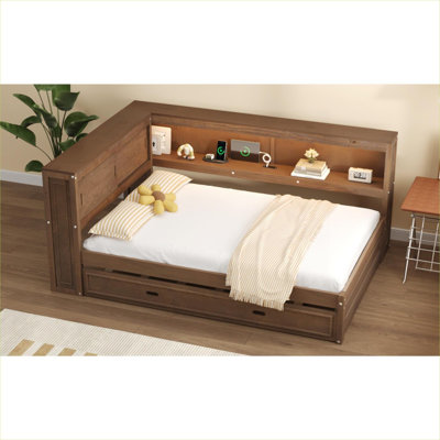 Lit de jour en bois massif de rechange pour chambre d'amis avec tablettes de rangement, lit gigogne, ports USB et éclairage DEL