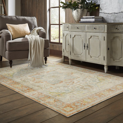 Tapis orange, doré, argenté et gris tissé à la machine 5 pi x 7 pi