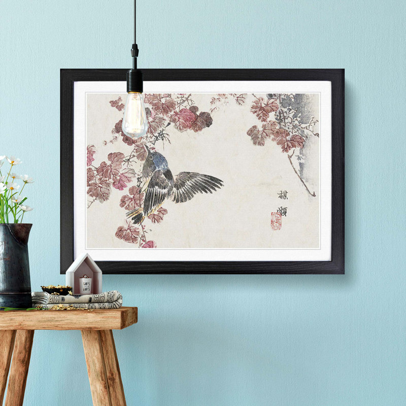 Bird In A Tree by Kono Bairei - Single Picture Frame Painting, Black Framed, 45cm H x 63cm W x 2cm D