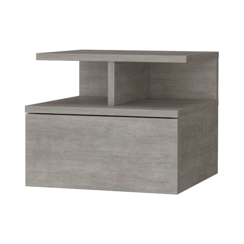 14" Wood One Drawer Floating Nightstand, Concrete Gray