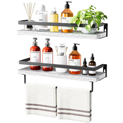 Tablettes flottantes en bois Paulownia avec barre à serviettes amovible et garde-corps en métal | Tablette de rangement murale pour salle de bain, salon et cuisine