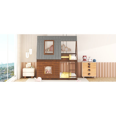 Lit simple superposé en bois avec design de maison - toit, 2 fenêtres en chêne et construction gris fumé