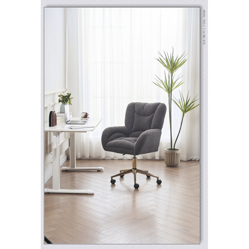 Fauteuil de bureau pivotant en velours 360 avec base en métal doré et roues universelles, café, Ourson gris foncé