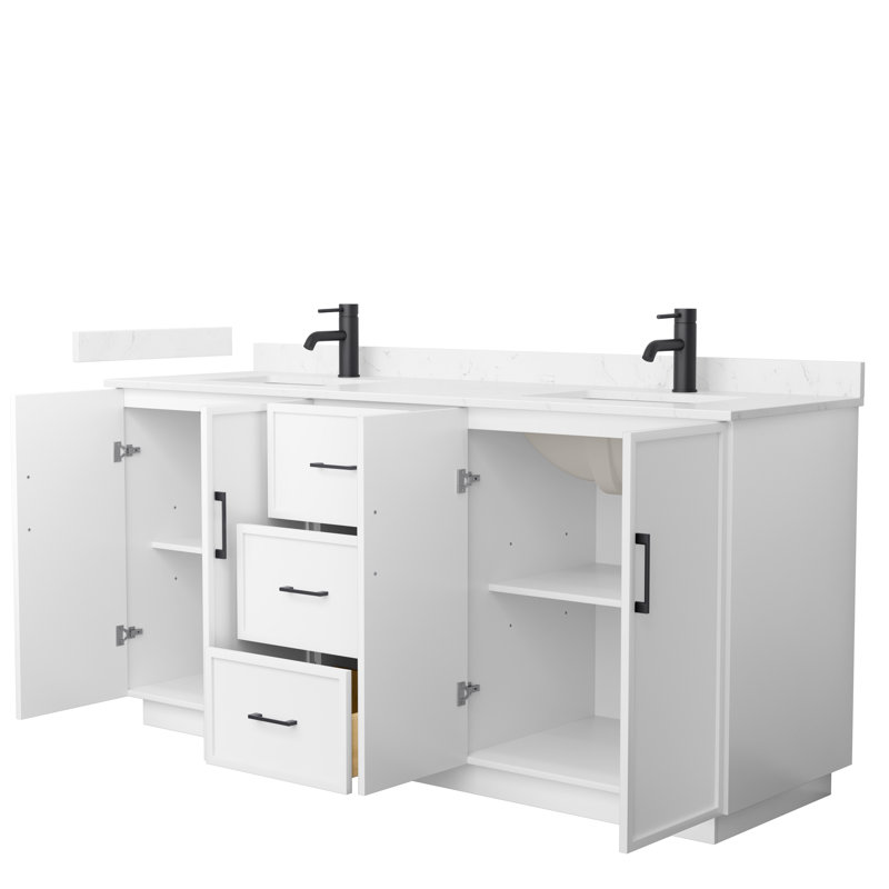 Elan TK 72" Freestanding Double Bathroom Vanity with Cultured Marble Top, White, Carrara Cultured Marble, Matte Black