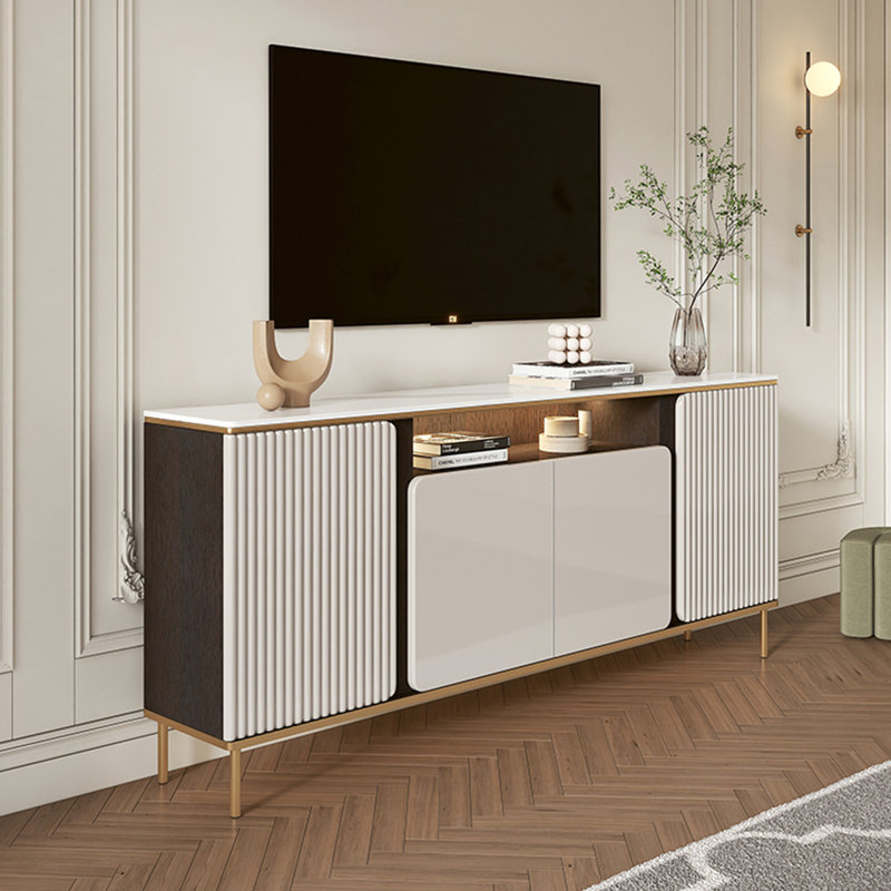 Meuble télé moderne blanc crème avec panneaux en roseaux et rangement ouvert combiné, H 31,5 po x l 55,1 po x P 11,81 po