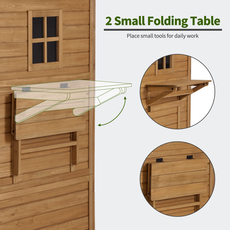 Natural Fir Wood Tall Outdoor Storage Shed with Shelves and Foldable Tables