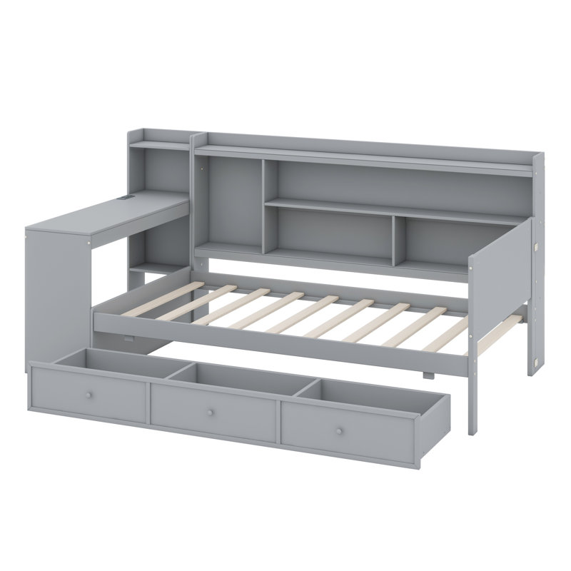 Lit de jour avec tiroirs, ports USB et bureau, Gris, Lit simple