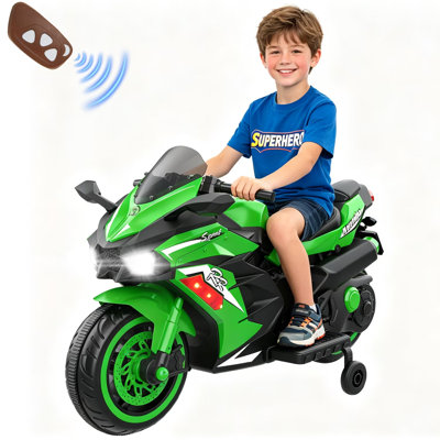 12V Electric Motorcycle for Kids 3-11 Years Old, 4 MPH Max Speed, LED Lights, Bluetooth Music, Battery Powered, Green