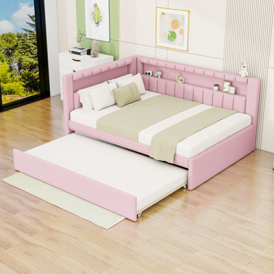Full Upholstered Platform Bed with LED and USB Ports and Trundle