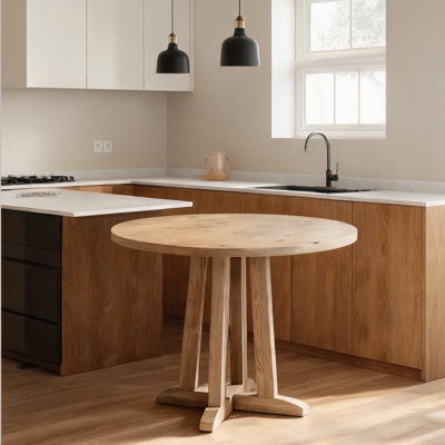Table de salle à manger ronde en bois massif, combinant un design réglable, un assemblage complet requis et un plateau réglable.