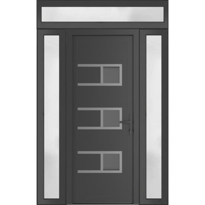 Front Exterior Prehung Metal-Plastic | Manux 8933 Antracite Grey | 2 Side and Top Sidelite Transom | Office Commercial and Residential Doors Entrance Patio Garage 64" x 94" (W14+36+14" x H80+14") Left hand Inswing