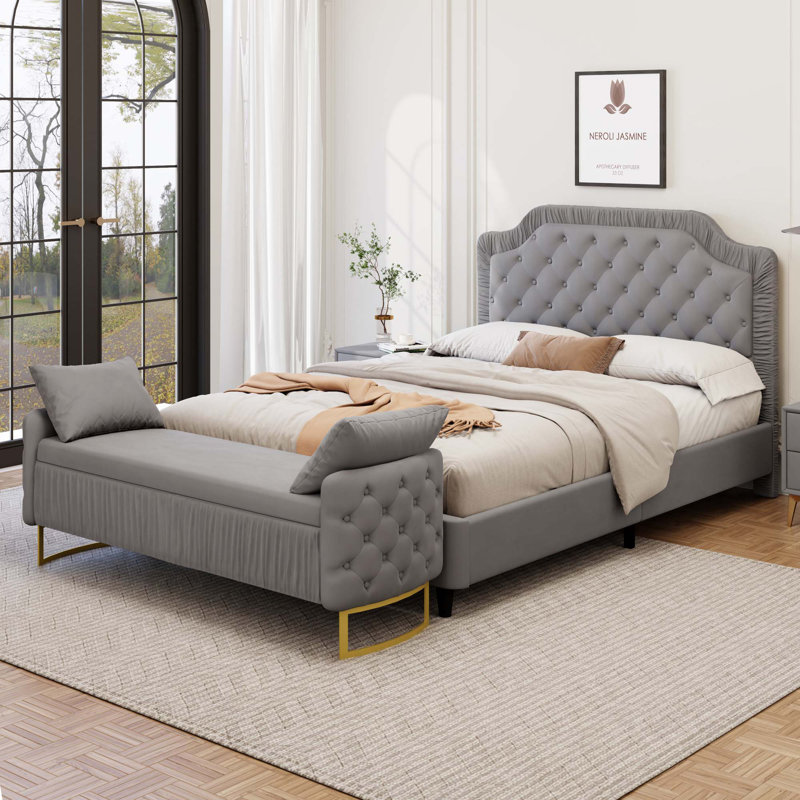 Ensemble de chambre à coucher 2 pièces avec cadre de lit en velours ruché et capitonné, Double 