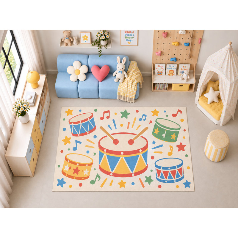 Tapis d'intérieur ultramince 152 x 213 cm (5' x 7') à motifs de tambours colorés, idéal pour la chambre d'enfant, la garderie, la salle de classe et la salle de jeux. Doux et à poils courts, avec revêtement antidérapant en silicone.