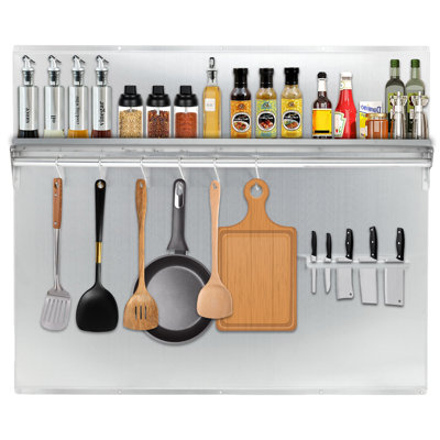 30x24 inch Stainless Steel Range Backsplash for Stove Hood, Wall Mount Kitchen Back Panel with Storage Shelf & Knife Rack