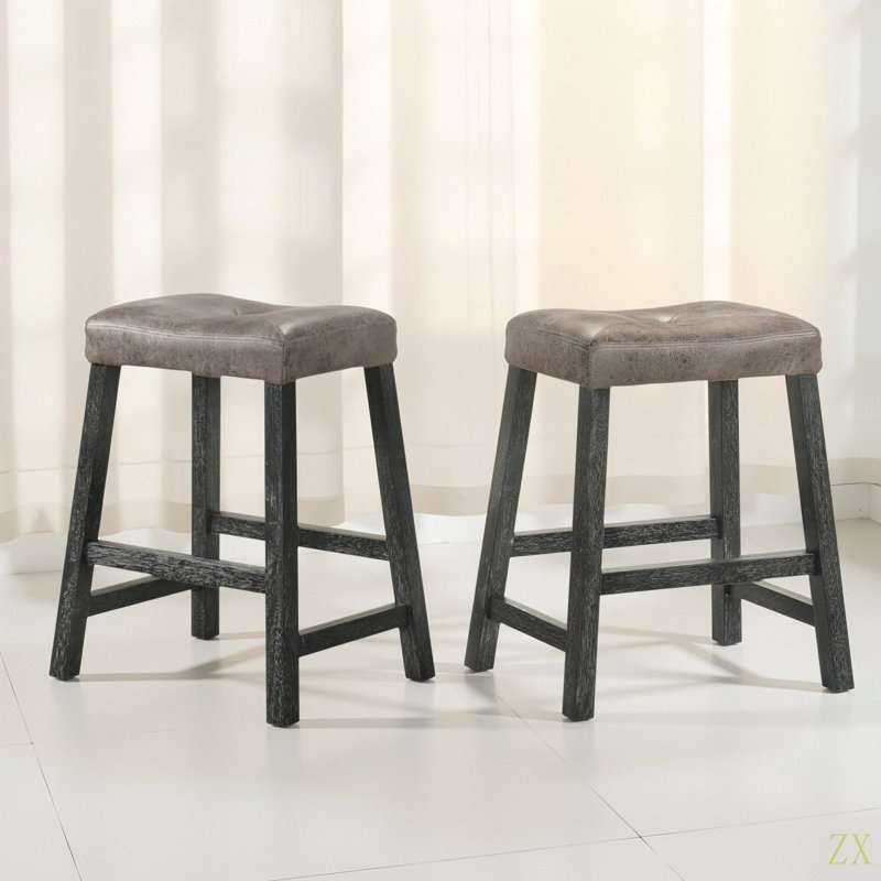 Rustic Backless Counter Stool Set Of 2 – 25 Inch Wooden Farmhouse Barstool With  Leather Seat, Distressed Finish & Sturdy Frame – Space-Saving Counter-Height Seating For Kitchen & Bar