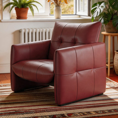 Burgundy Faux Leather Accent Armchair, Modern Square Tufted Single Sofa Chair with Wide Padded Armrest for Living Room Bedroom Reading Nook