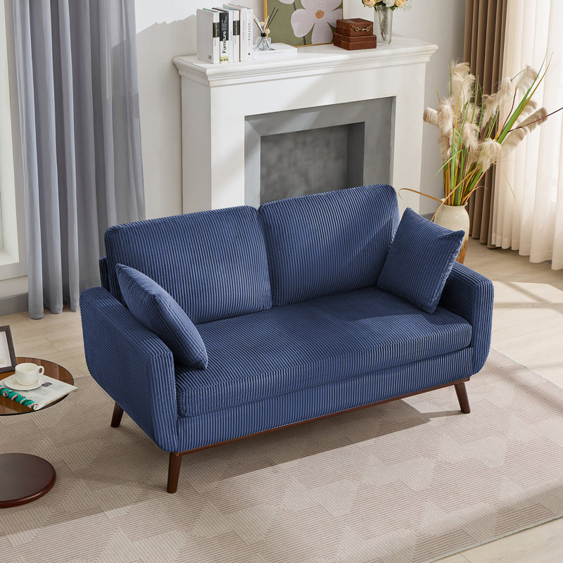 65" Corduroy Loveseat With 2 Free Matching Pillows, Blue