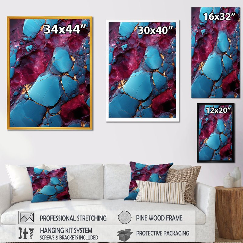 Bleu et mauve sans soudure Marble River II - Art mural abstrait, Cadre flottant doré, H 44 po x l 34 po x P 1,5 po