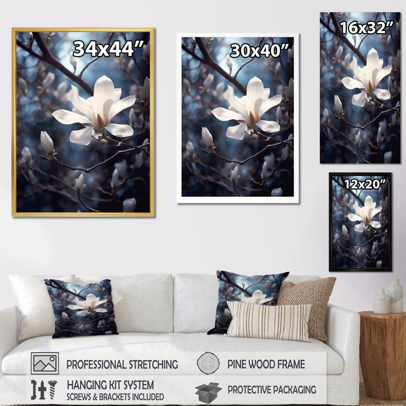 Blanc, bleu, magnolia, paysage, élégance, H 32 po x l 16 po x P 1 po, Cadre simple noir