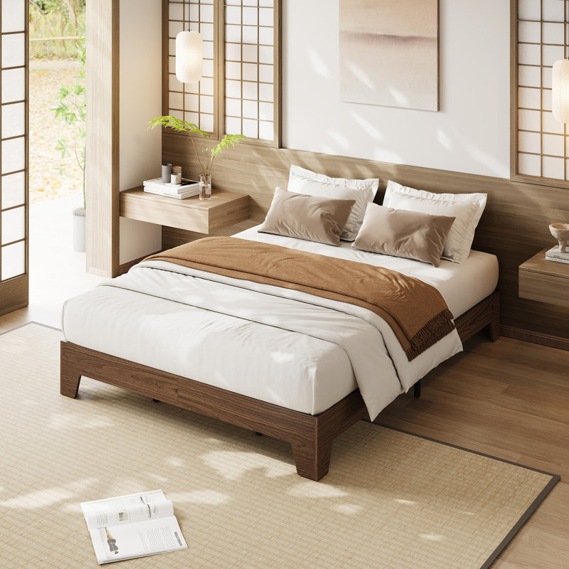 Structure de lit plateforme Nature, lit en bois avec lattes de bois solides, aucun sommier requis, Lit double, Brun