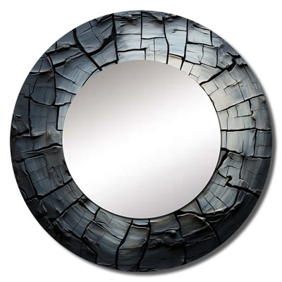 Saffet Spiritual Grey Geode Stone Minimalism III - Spiritual Stone Decorative Mirror, Black Large Round Wall Mirror, Printed Metal Art