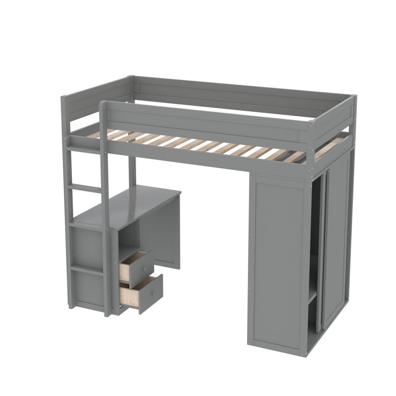 Gladina Kids Loft Bed with Built-in Desk and Closet, Gray, Full