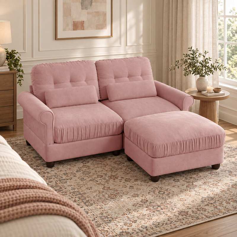 Canapé modulable 2 places Rovesselle en chenille de 176 cm de large avec pouf, coussins à volants et coussins lombaires, Pink