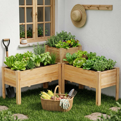 Ensemble 3 pièces de jardinières surélevées en bois avec pieds de soutien et tapis de plantation assortis - Ensemble de lit de plantation surélevé pour légumes, herbes, fleurs et autres plantes naturelles dans votre cour ou sur votre patio.