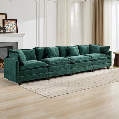  Large Upholstered 4-Seater Sofa with Plush Cushions and Pillows, Modern Cloud Couch for Living Room, Green