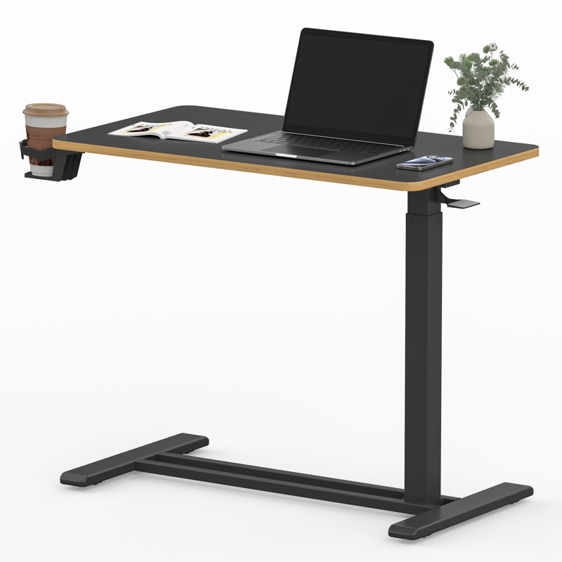 Kristee Adjustable and Movable Overbed Table with Hidden Casters, Black with Maple Edge, 40.5" H x 31.5" W x 17.7" D