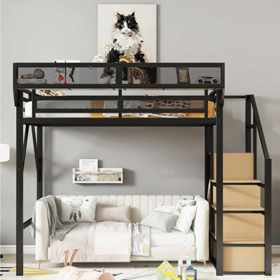 Lit mezzanine en métal avec tablettes de rangement, escalier et garde-robe pour enfants, adolescents, adultes