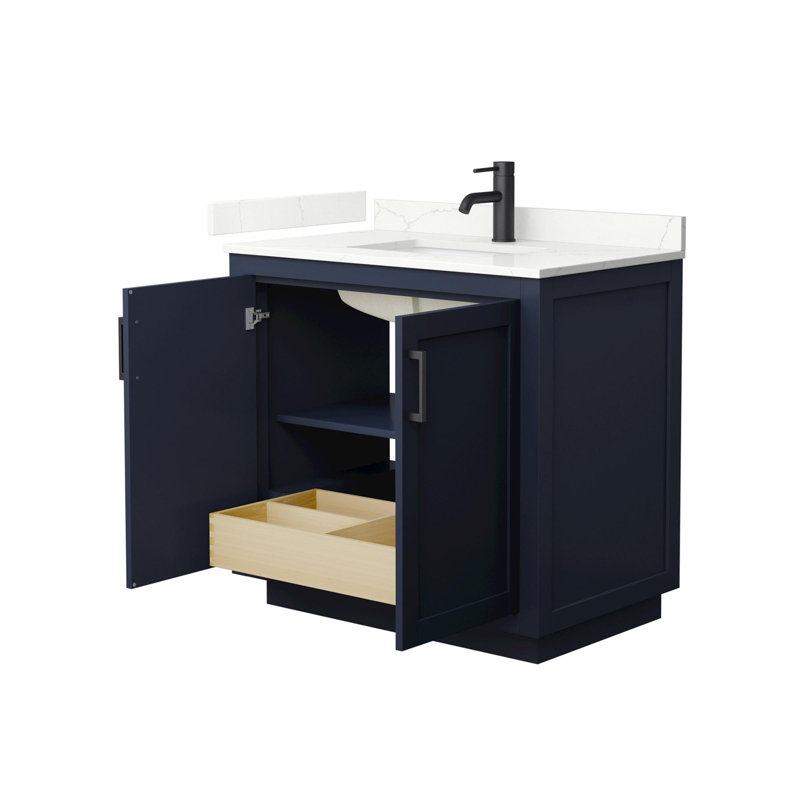 Ensemble de meuble-lavabo simple 36 po avec plateau en quartz Miranda, Quartz Giotto, Bleu très foncé, Noir mat