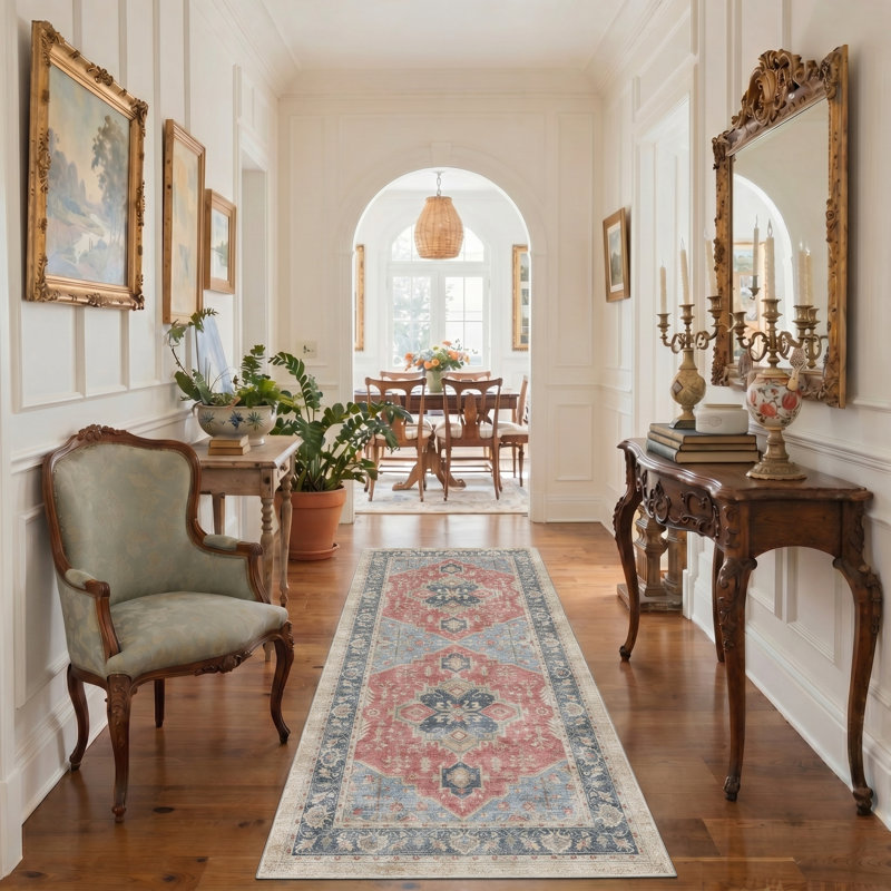 Marrakesh Vintage Floral Machine Washable Blue / Red Indoor Area Rug with Non-Slip Backing, Runner 2' x 7'