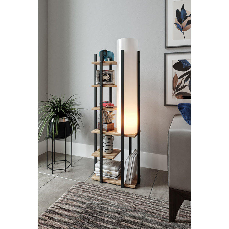 Lampe sur pied élégante avec corps en panneau de particules, noir avec accents naturels, 53,1 po x 9,8 po x 53,1 po | Douille E27 (60 W maximum), interrupteur marche / arrêt, conception élégante pour les salons et les bureaux modernes, certifié CE